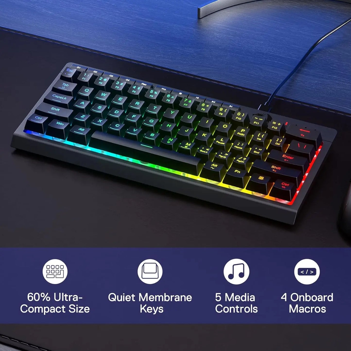 Redragon K522 60% Wired RGB Membrane Gaming Keyboard,Compact 61 Keys Linear Mechanical-Feel Switch
