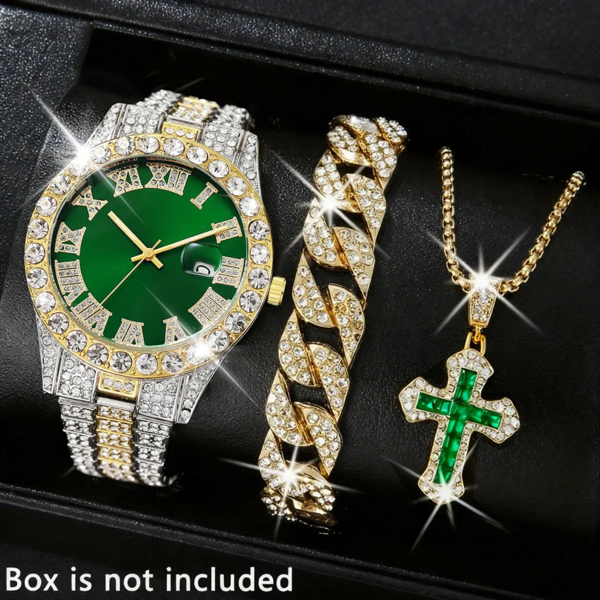 3PCS Luxury Full Diamond Men Watch Bracelet Necklace Set Fashion Hip Pop Men's Calendar Quartz Watches Reloj Mujer(Without Box)