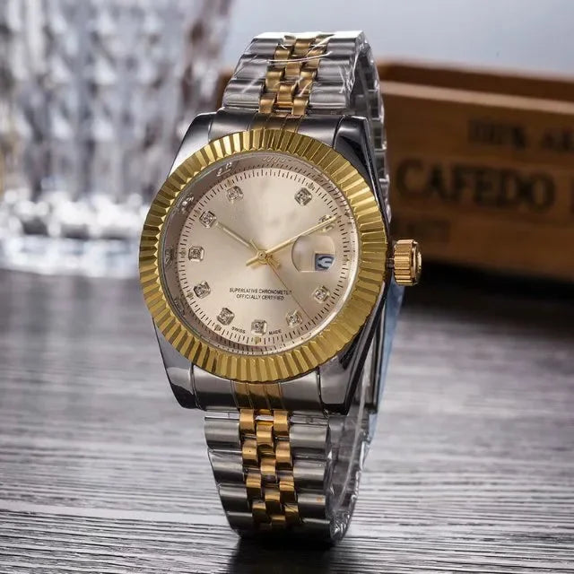 Watches for Women Simple Casual Student Fashion Quartz Diamond-Encrusted Steel Band Calendar Gold Set Men's Watch Couple