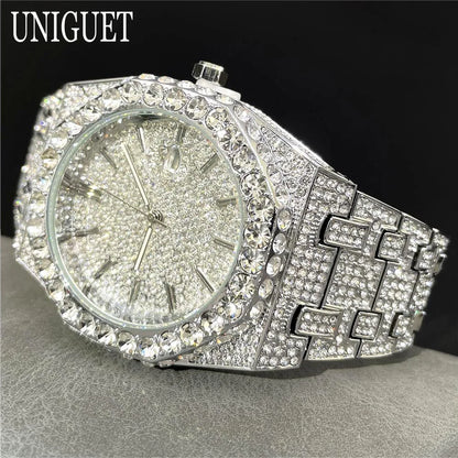 2025 New Luxury Brand UNIGUET Iced Watch For Men Fashion Hip Hop Diamond Waterproof Stainless Steel Wristwatch Male Dropshipping