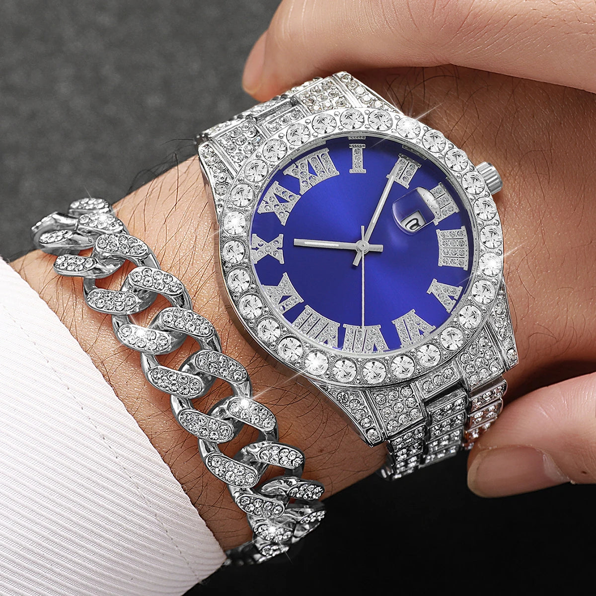 3PCS Luxury Full Diamond Men Watch Bracelet Necklace Set Fashion Hip Pop Men's Calendar Quartz Watches Reloj Mujer（Without Box）