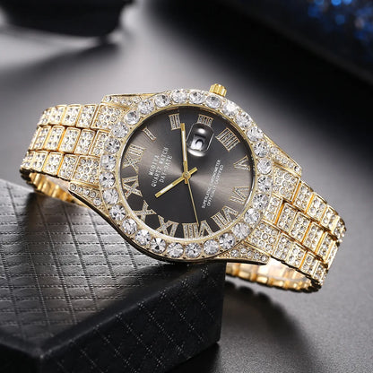 Luxury Classic Golden Men's Steel Strap Roman Scale Rhinestone Calendar Quartz Watch Fashion Male Wristwatch Relogio Masculino