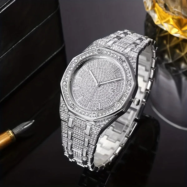 Fashion Luxury Hip Hop Diamond Style Square Men's Watch Shiny Crystal Stainless Steel Quartz Sports Men's Watch