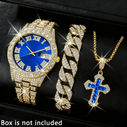 3PCS Luxury Full Diamond Men Watch Bracelet Necklace Set Fashion Hip Pop Men's Calendar Quartz Watches Reloj Mujer（Without Box）