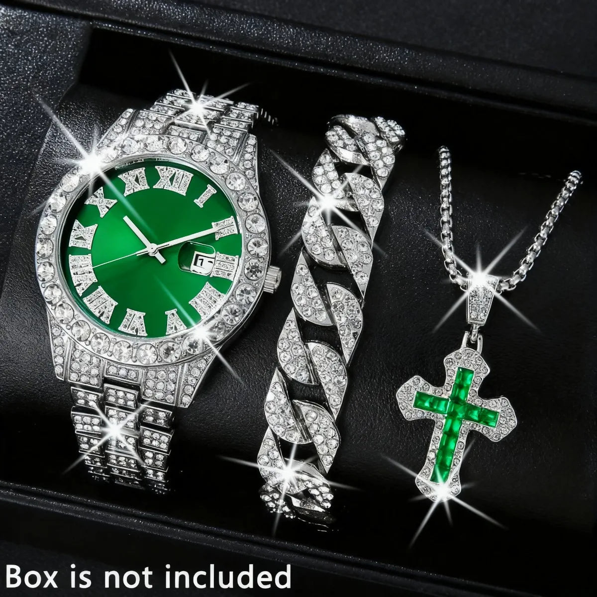 3PCS Luxury Full Diamond Men Watch Bracelet Necklace Set Fashion Hip Pop Men's Calendar Quartz Watches Reloj Mujer（Without Box）