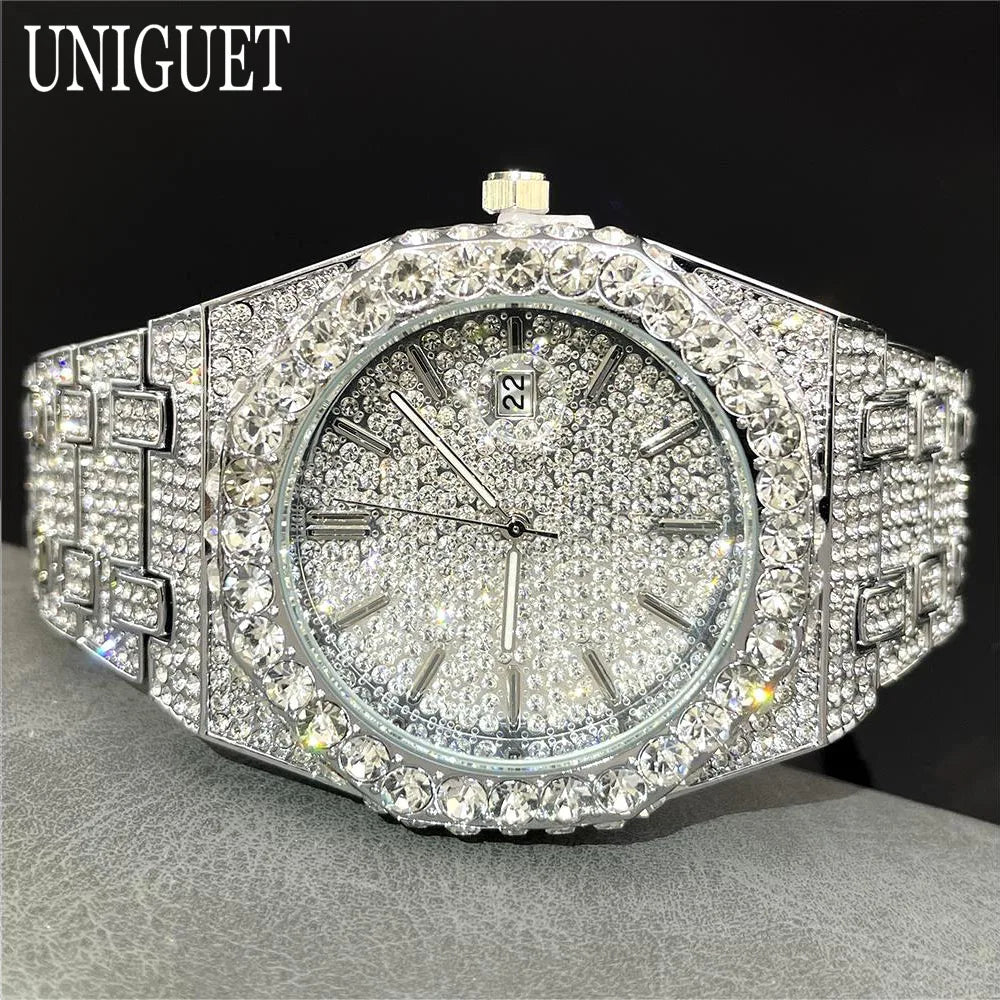 2025 New Luxury Brand UNIGUET Iced Watch For Men Fashion Hip Hop Diamond Waterproof Stainless Steel Wristwatch Male Dropshipping