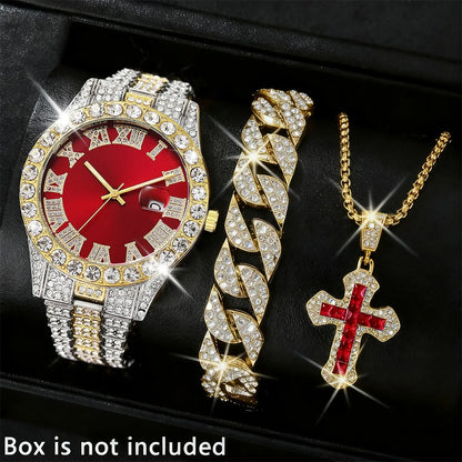 3PCS Luxury Full Diamond Men Watch Bracelet Necklace Set Fashion Hip Pop Men's Calendar Quartz Watches Reloj Mujer（Without Box）