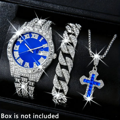3PCS Luxury Full Diamond Men Watch Bracelet Necklace Set Fashion Hip Pop Men's Calendar Quartz Watches Reloj Mujer（Without Box）