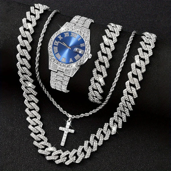 16mm Hip Hop Miami Cuban Link Chain Set Necklace +Watch+Bracelet Creative Iced Out Shiny Trendy Stylish Jewelry For Women Men