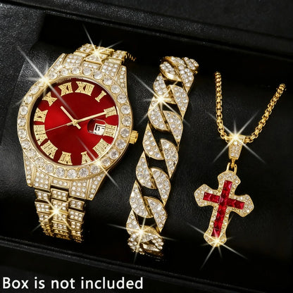 3PCS Luxury Full Diamond Men Watch Bracelet Necklace Set Fashion Hip Pop Men's Calendar Quartz Watches Reloj Mujer（Without Box）