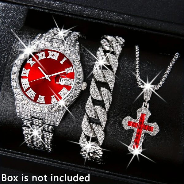 3PCS Luxury Full Diamond Men Watch Bracelet Necklace Set Fashion Hip Pop Men's Calendar Quartz Watches Reloj Mujer（Without Box）