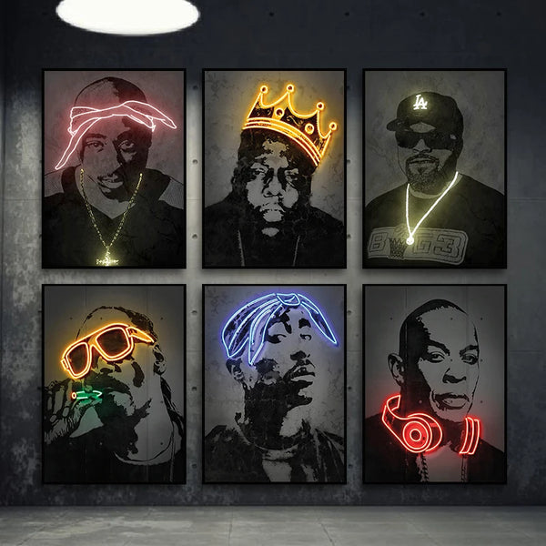 Canvas Print Art Poster Abstract Neon Design Rapper Star Canvas Paintings 2PAC Hip Hop Singers Poster Wall Art Bar Home Decor