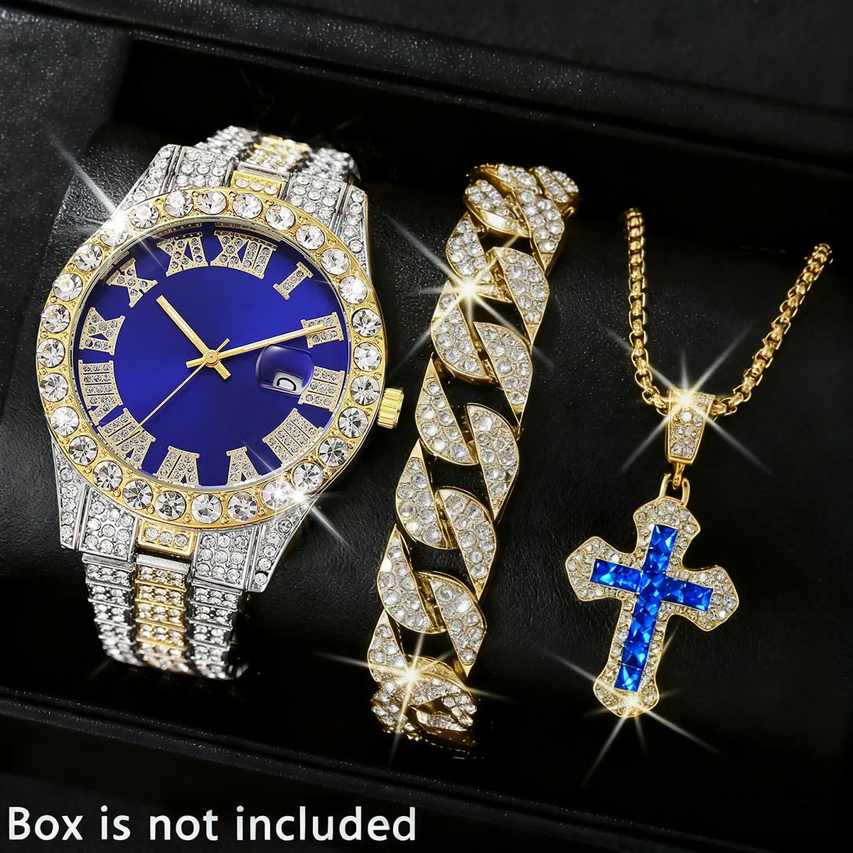 3PCS Luxury Full Diamond Men Watch Bracelet Necklace Set Fashion Hip Pop Men's Calendar Quartz Watches Reloj Mujer（Without Box）