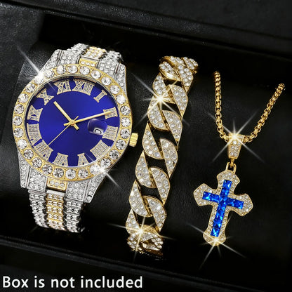 3PCS Luxury Full Diamond Men Watch Bracelet Necklace Set Fashion Hip Pop Men's Calendar Quartz Watches Reloj Mujer（Without Box）
