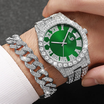 3PCS Luxury Full Diamond Men Watch Bracelet Necklace Set Fashion Hip Pop Men's Calendar Quartz Watches Reloj Mujer（Without Box）
