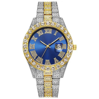 Luxury Classic Golden Men's Steel Strap Roman Scale Rhinestone Calendar Quartz Watch Fashion Male Wristwatch Relogio Masculino