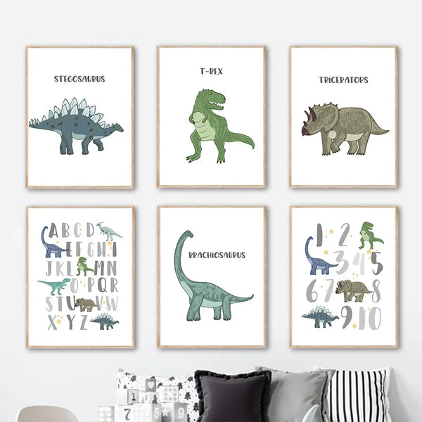 Jurassic Dinosaur Velociraptor Triceratops Alphabet Number Wall Art Canvas Painting Posters And Prints Decor Pictures Kids Room
